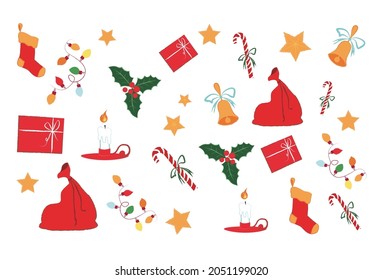 Patrón de ilustración navideña con Mágica Bolsa y regalo, Jingle Bells y Mistletoe, Candy Cane.