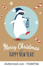 Christmas illustration with penguin holding fish. Season's banner / greetings card.