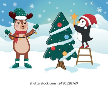 Ilustración navideña de pingüino y reno decorando el árbol de Navidad. Ilustraciones infantiles. Vacaciones de invierno. Celebración de Navidad.