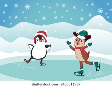 Christmas illustration of penguin and reindeer skating. Celebrating Christmas with friends. Children's illustrations