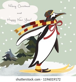 Christmas illustration with penguin ski. Retro style