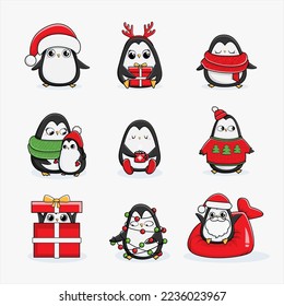 Christmas illustration penguins bright color  collection