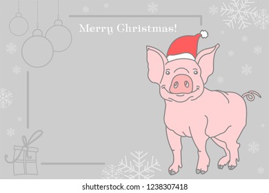 Christmas illustration, a pig congratulates on a holiday. Happy New Year in the picture pig and decorations.