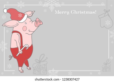 Christmas illustration, a pig congratulates on a holiday. Happy New Year in the picture pig and decorations.