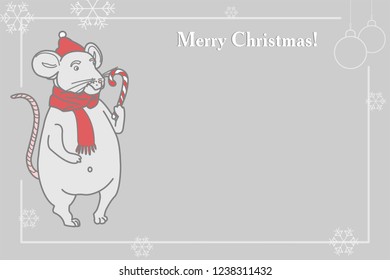 Christmas illustration, a pig congratulates on a holiday. Happy New Year in the picture pig and decorations.