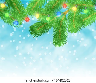 Christmas illustration with pine branch and light bulbs on blue textured background