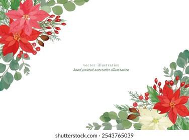 Christmas illustration with poinsettia and conifers