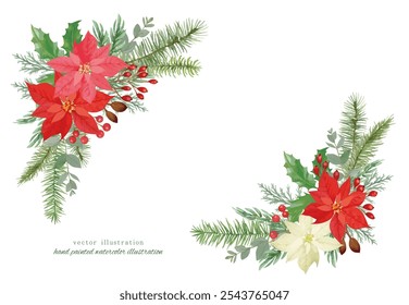 Christmas illustration with poinsettia and conifers