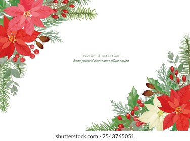 Christmas illustration with poinsettia and conifers