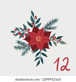 Christmas illustration with poinsettia flower and numbers for advent calendar