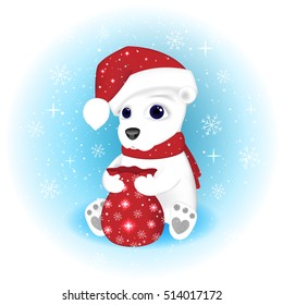 Christmas illustration. Polar Bear in a Santa Claus cap and a scarf opens the bag with presents sitting among the snowflakes in the snow. Vector drawing