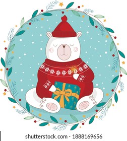 christmas illustration with polar bear wearing christmas sweater and gift box