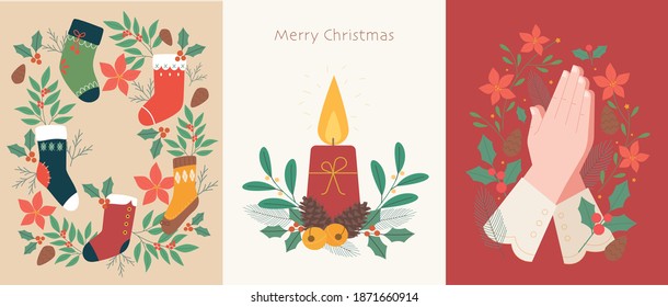 Christmas illustration post card. Christmas sock and candle, praying hand illustration. flat design style minimal vector illustration.