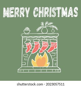 Christmas illustration, postcard, fireplace with fire with Christmas socks, doodles