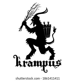 Christmas illustration, postcard. Krampus Central European folklore character. Krampus Christmas Horned Demon, isolated on white, vector illustration