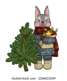 Christmas illustration. Rabbit in winter clothes with a Christmas tree and Christmas tree decorations. Cute new year illustration.
