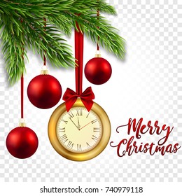 Christmas illustration with realistic spruce branches, antique gold watches and toys