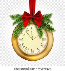 Christmas illustration with realistic spruce branches, antique gold watch and red satin ribbon from ribbon