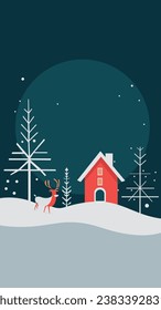 Christmas illustration of a red house in the middle of the forest on white snow and a deer accompanying the composition, surrounded by Christmas-style trees on a background with shades of green