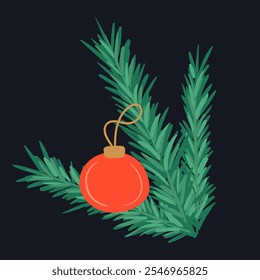 Christmas illustration with a red ornament hanging on green pine branches. Simple and festive design perfect for holiday themes, decorations, and seasonal celebrations