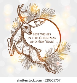 Christmas illustration with reindeer. The design of the cards. New Year. Congratulations and best wishes. Hand-drawn