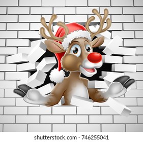 A Christmas illustration of Reindeer in Santa Hat cartoon character breaking through a wall background
