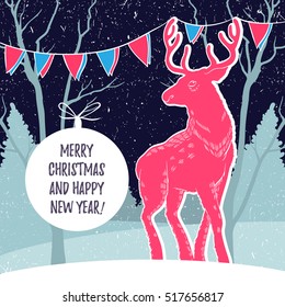 Christmas illustration with reindeer and snowy forest. The design of the cards. New Year. Congratulations and best wishes. Hand-drawn