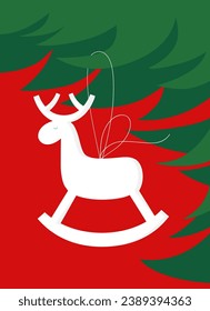 Christmas illustration. A rocking deer -   Christmas ornament is hanging on the tree
Christmas greeting card