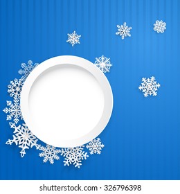 Christmas illustration with round frame and paper snowflakes on blue striped background
