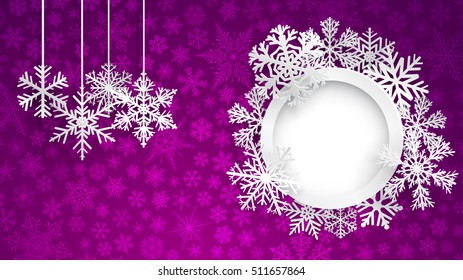 Christmas illustration with round frame surrounded by snowflakes on purple background