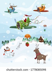 Christmas illustration with a Santa and airplains