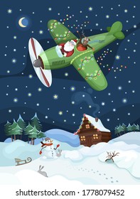 Christmas illustration with a Santa in the airplane