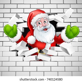A Christmas illustration of Santa cartoon character breaking through a wall background