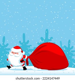 Christmas illustration with Santa Claus and big bag of gifts on winter background.