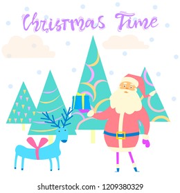 Christmas illustration of Santa Claus and deer. Lettering christmas time. Vector illustration