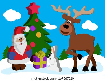 Christmas illustration. Santa Claus and deer. Pixel art. vector illustration