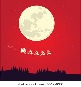 Christmas illustration with santa claus and deers - with red background