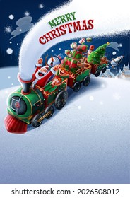 christmas illustration with santa claus elves reindeer and nutcracker snowman carrying gifts on train