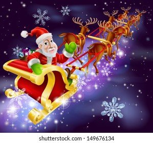 Christmas illustration of Santa Claus flying in his sled or sleigh with night background