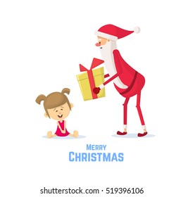 Christmas illustration of Santa Claus gives a gift to girl. Christmas card with Santa Claus and little girl. Flat Vector Illustration.