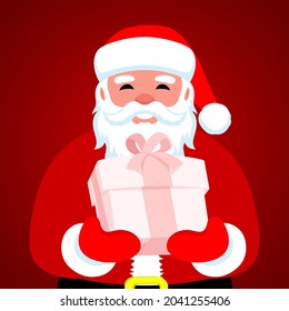 Christmas illustration with Santa Claus holding a gift box on a red background.