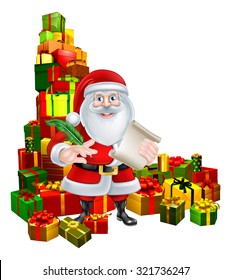 Christmas illustration of Santa Claus holding a scroll or naughty or nice Christmas list and pen quill feather pen and standing in the middle of a huge stack of gift presents