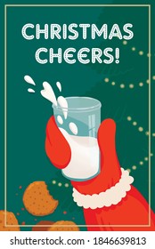 Christmas illustration Santa Claus with milk and cookies cheers