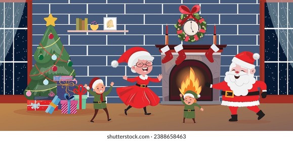 Christmas illustration with a Santa Claus, Mrs. Claus and elves dancing indoor. Festive winter illustration with adorable characters
