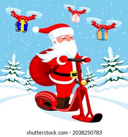 Christmas illustration with Santa Claus on winter scooter and drones with gifts on winter background.