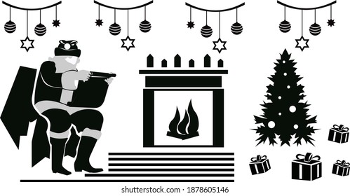 Christmas illustration with Santa Claus reading a list of gifts from good children. Christmas tree with toys and gifts on the background of a fireplace with a burning fire. Black silhouettes.