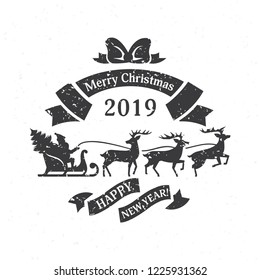 Christmas illustration with Santa Claus and reindeer harnesses carrying gifts. New Year's greetings with ribbons with the wishes of a happy new year. Black and white image with a noisy picture.