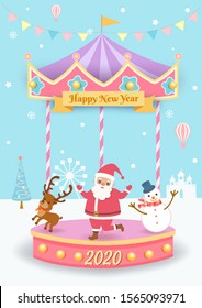  Christmas Illustration with santa claus, reindeer and snowman playing  merry go round on snowy background.