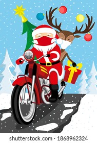 Christmas illustration with Santa Claus and reindeer in protective masks riding a motorcycle with gifts.