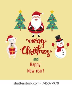 Christmas illustration. Santa Claus, snowman, bear, Christmas trees. Vector illustration.
